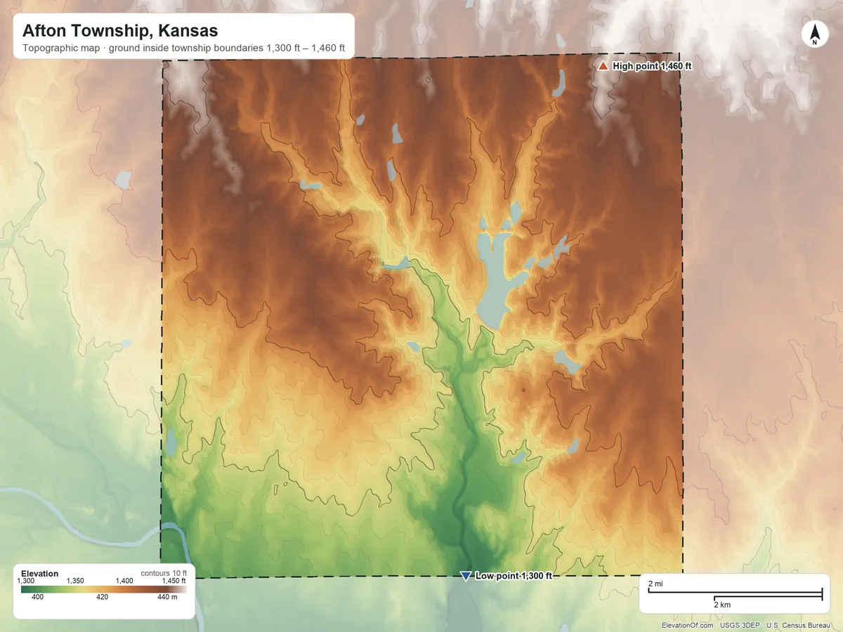 Topographic elevation map of Afton Township, Kansas, shaded from 1,300 ft on the south side to 1,460 ft on the northeast side