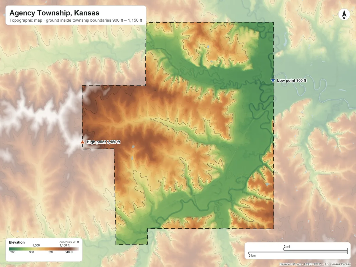 Topographic elevation map of Agency Township, Kansas, shaded from 900 ft on the northeast side to 1,150 ft on the west side