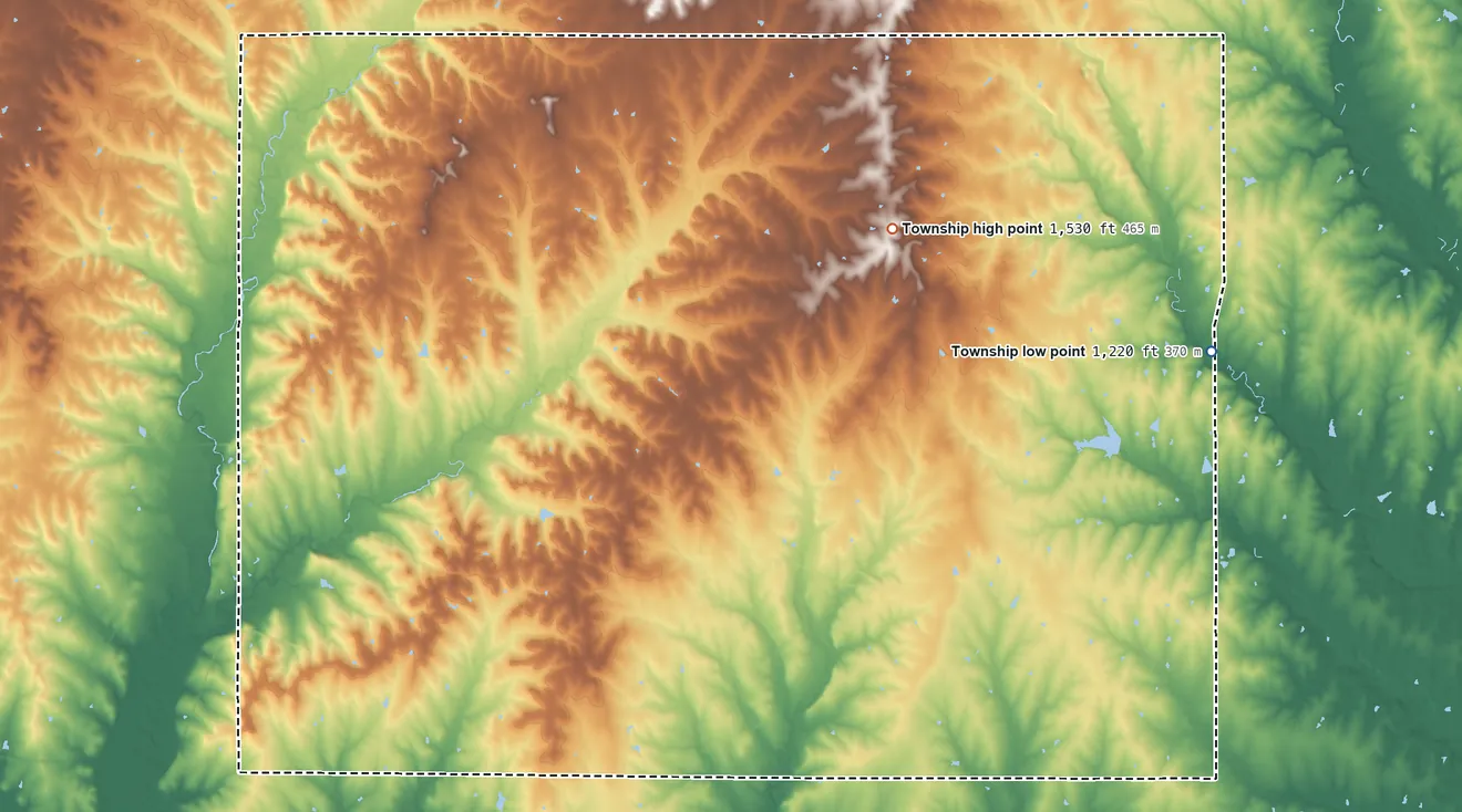 Topographic elevation map of Agnes City Township, Kansas, shaded from 1,220 ft on the east side to 1,530 ft on the north side