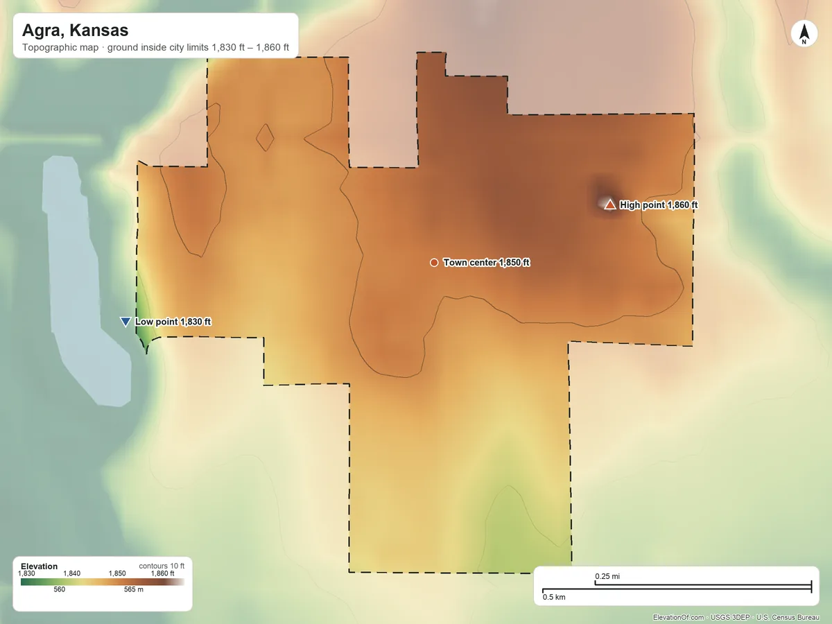 Topographic elevation map of Agra, Kansas, shaded from 1,830 ft on the west side to 1,860 ft on the east side