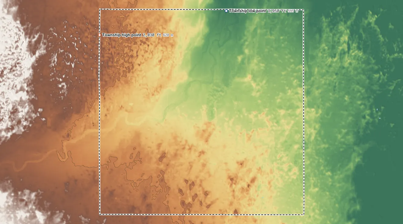 Topographic elevation map of Albano Township, Kansas, shaded from 1,950 ft on the north side to 2,030 ft on the northwest side