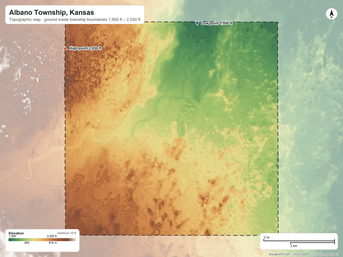 Topographic elevation map of Albano Township, Kansas, shaded from 1,950 ft on the north side to 2,030 ft on the northwest side