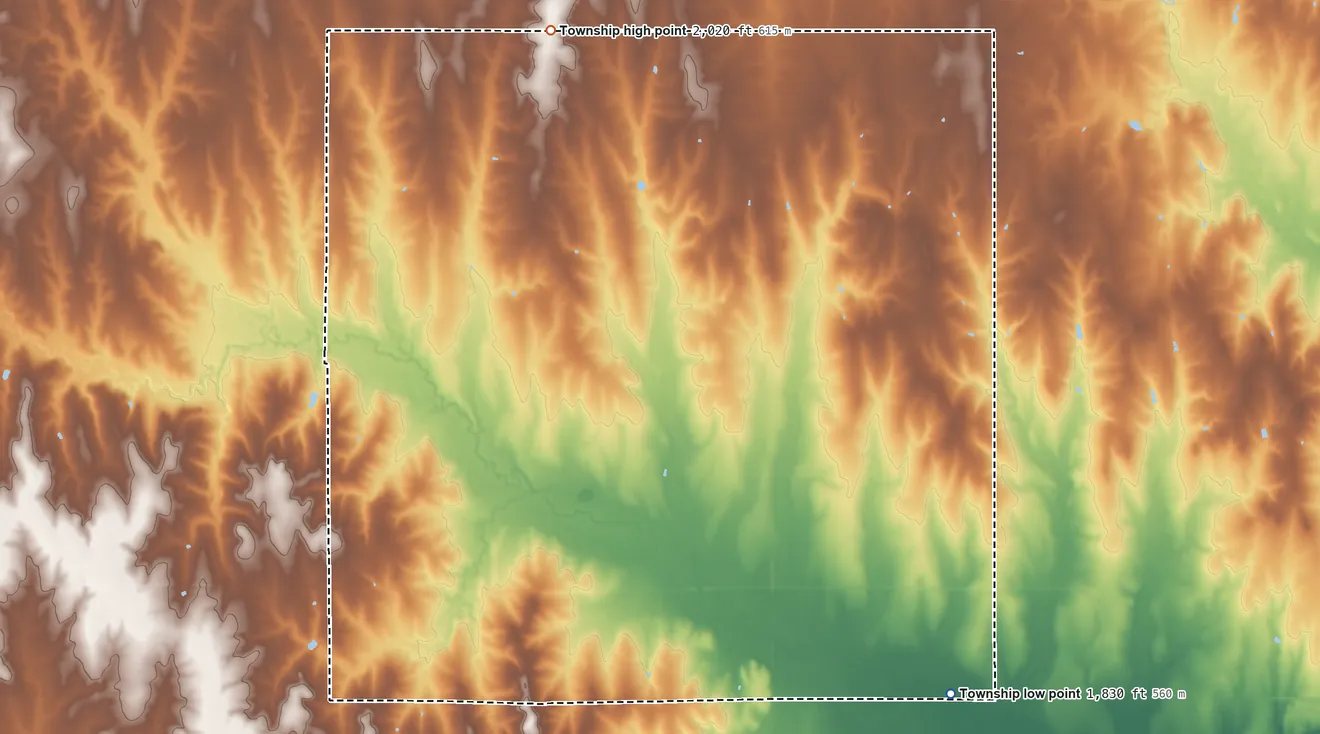 Topographic elevation map of Albion Township, Barton County, Kansas, shaded from 1,830 ft on the southeast side to 2,020 ft on the north side