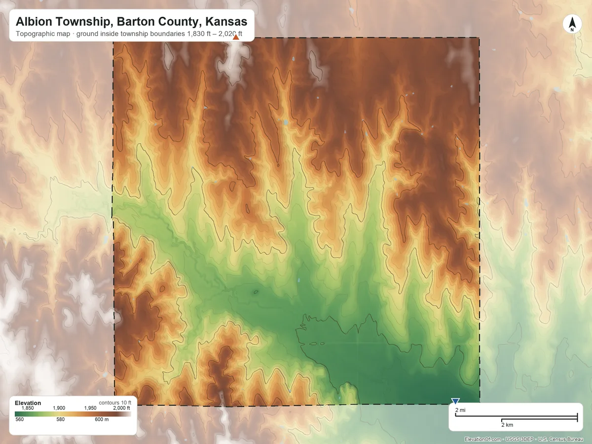 Topographic elevation map of Albion Township, Barton County, Kansas, shaded from 1,830 ft on the southeast side to 2,020 ft on the north side