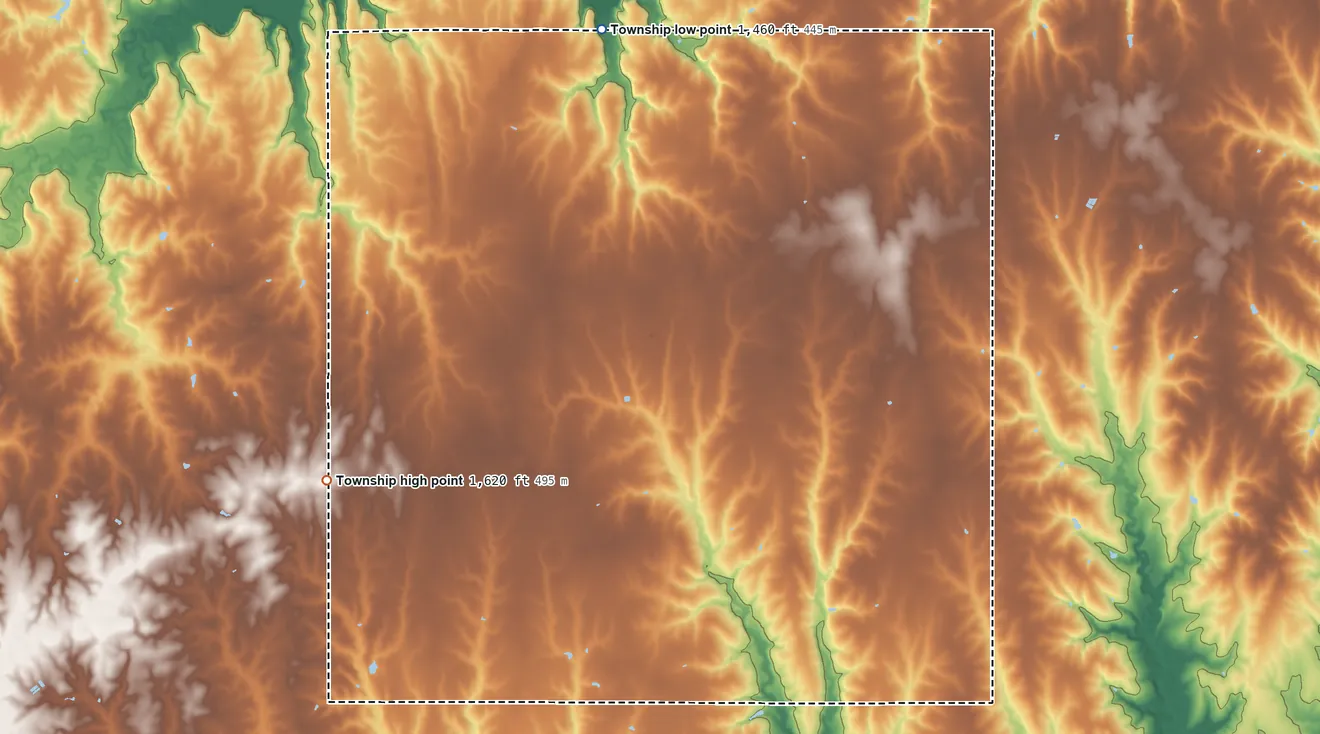 Topographic elevation map of Albion Township, Republic County, Kansas, shaded from 1,460 ft on the north side to 1,620 ft on the west side