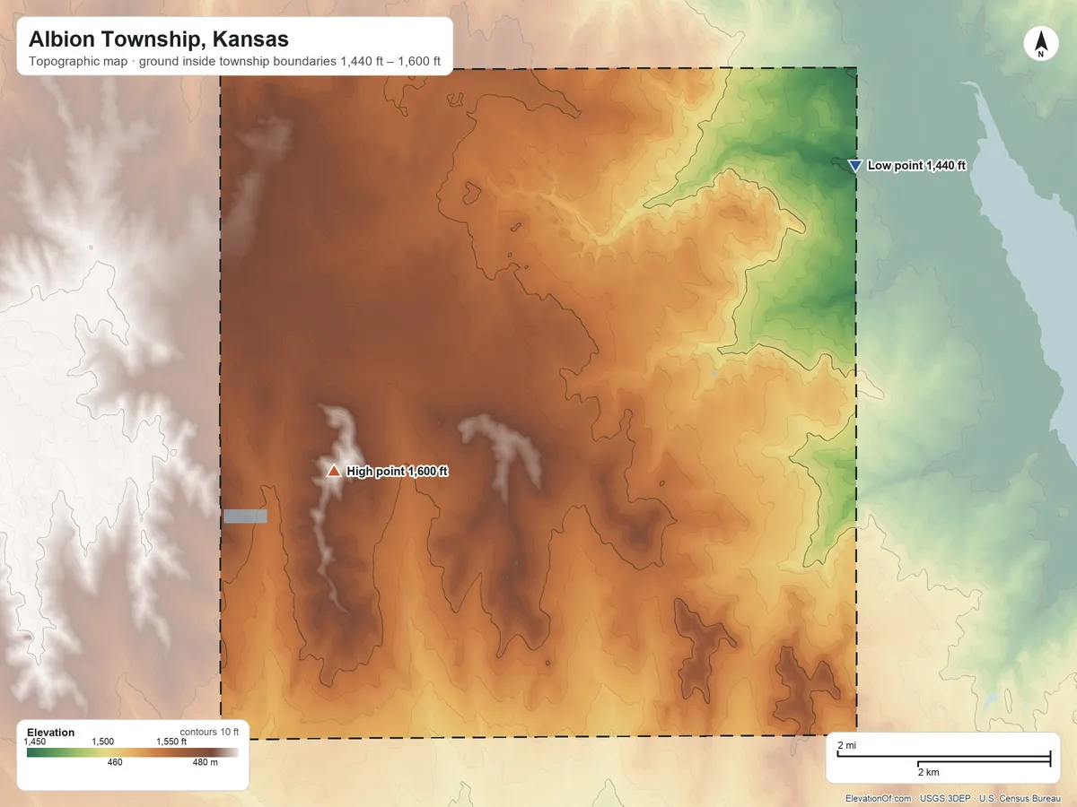 Topographic elevation map of Albion Township, Kansas, shaded from 1,440 ft on the northeast side to 1,600 ft near the middle