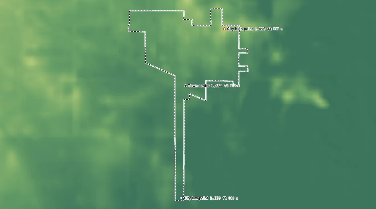 Topographic elevation map of Alden, Kansas, shaded from 1,680 ft on the south side to 1,690 ft on the northeast side