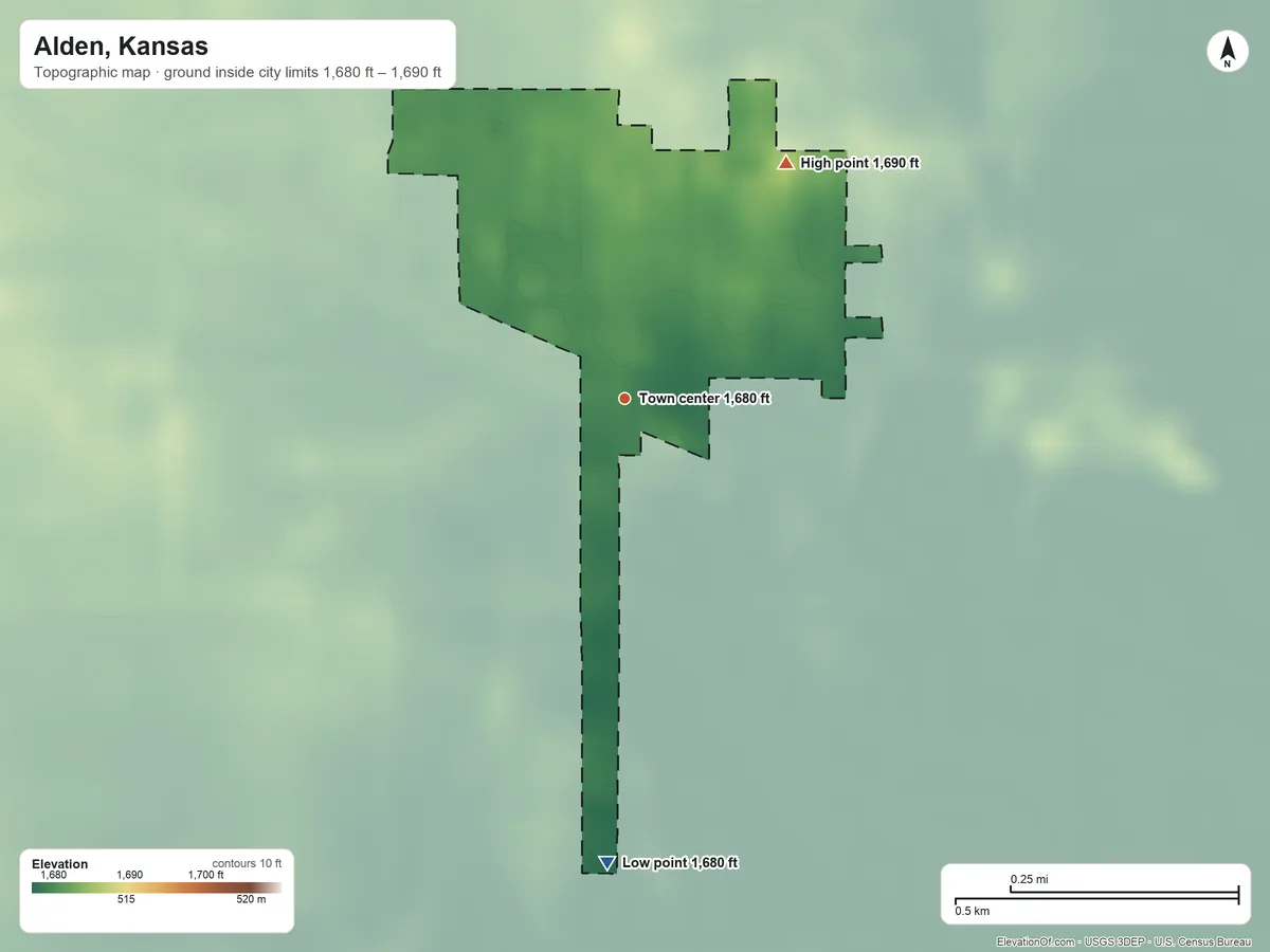Topographic elevation map of Alden, Kansas, shaded from 1,680 ft on the south side to 1,690 ft on the northeast side