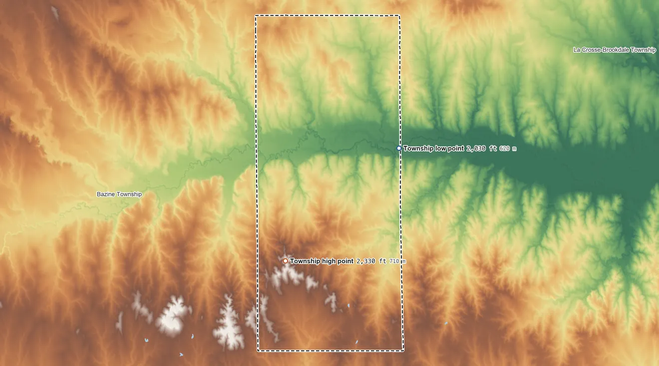 Topographic elevation map of Alexander-Belle Prairie Township, Kansas, shaded from 2,030 ft on the northeast side to 2,330 ft on the southwest side