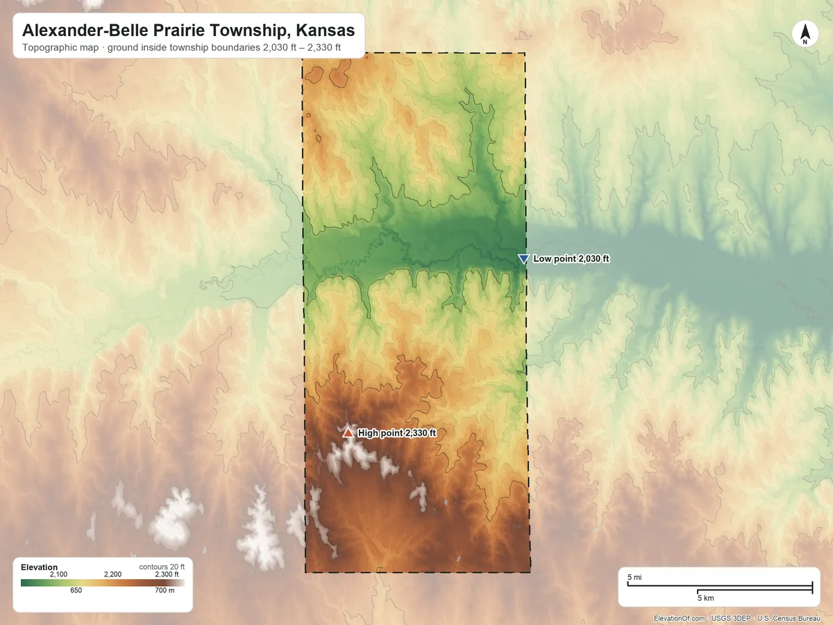 Topographic elevation map of Alexander-Belle Prairie Township, Kansas, shaded from 2,030 ft on the northeast side to 2,330 ft on the southwest side