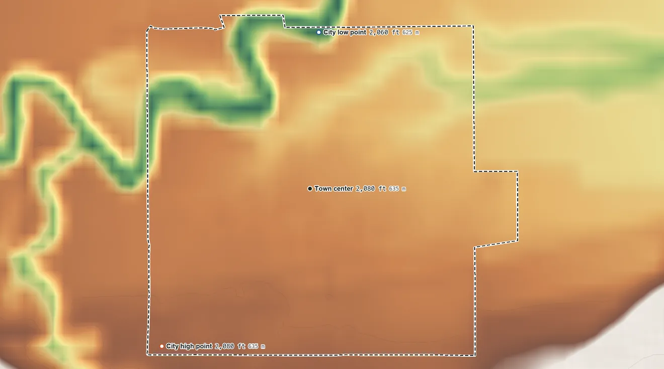 Topographic elevation map of Alexander, Kansas, shaded from 2,060 ft on the north side to 2,080 ft on the southwest side