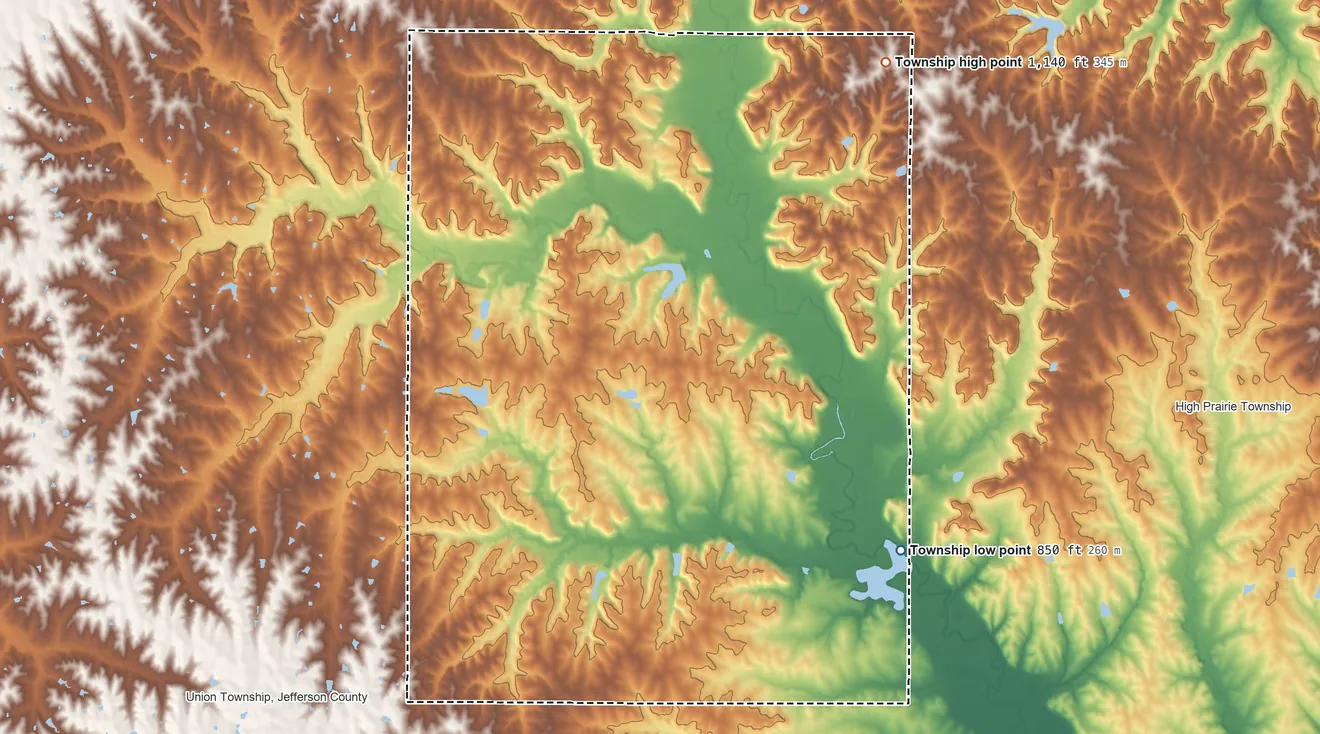Topographic elevation map of Alexandria Township, Kansas, shaded from 850 ft on the southeast side to 1,140 ft on the northeast side