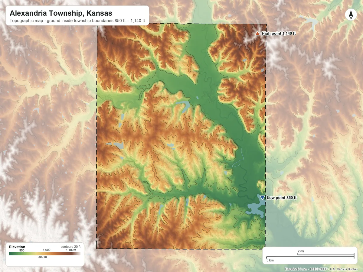 Topographic elevation map of Alexandria Township, Kansas, shaded from 850 ft on the southeast side to 1,140 ft on the northeast side