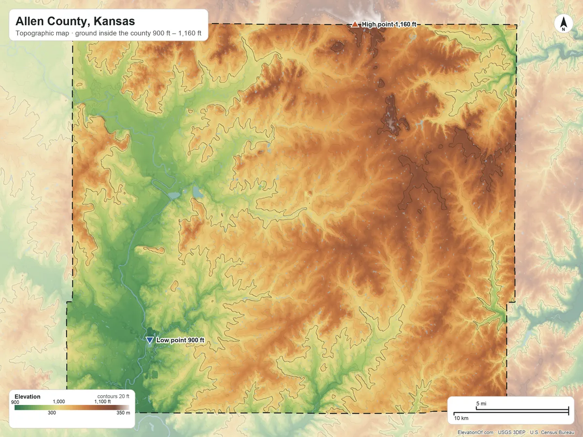 Topographic elevation map of Allen County, Kansas, shaded from 900 ft on the southwest side to 1,160 ft on the north side