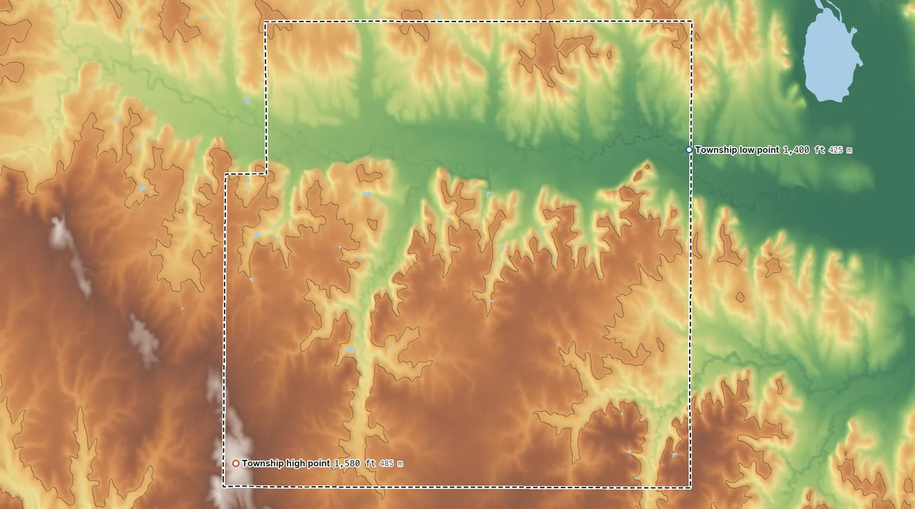 Topographic elevation map of Allen Township, Jewell County, Kansas, shaded from 1,400 ft on the northeast side to 1,580 ft on the southwest side