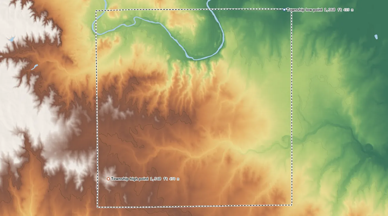 Topographic elevation map of Allen Township, Kansas, shaded from 1,360 ft on the north side to 1,540 ft on the west side