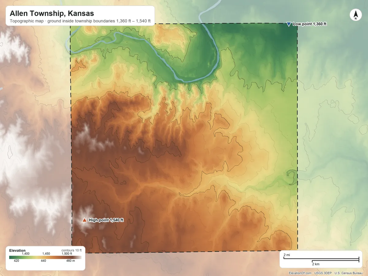 Topographic elevation map of Allen Township, Kansas, shaded from 1,360 ft on the north side to 1,540 ft on the west side