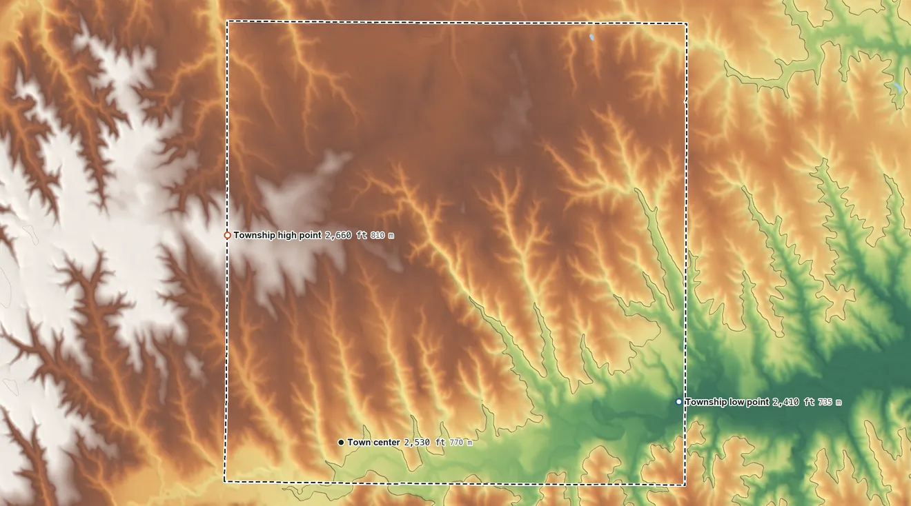 Topographic elevation map of Allison Township, Kansas, shaded from 2,410 ft on the east side to 2,660 ft on the northwest side