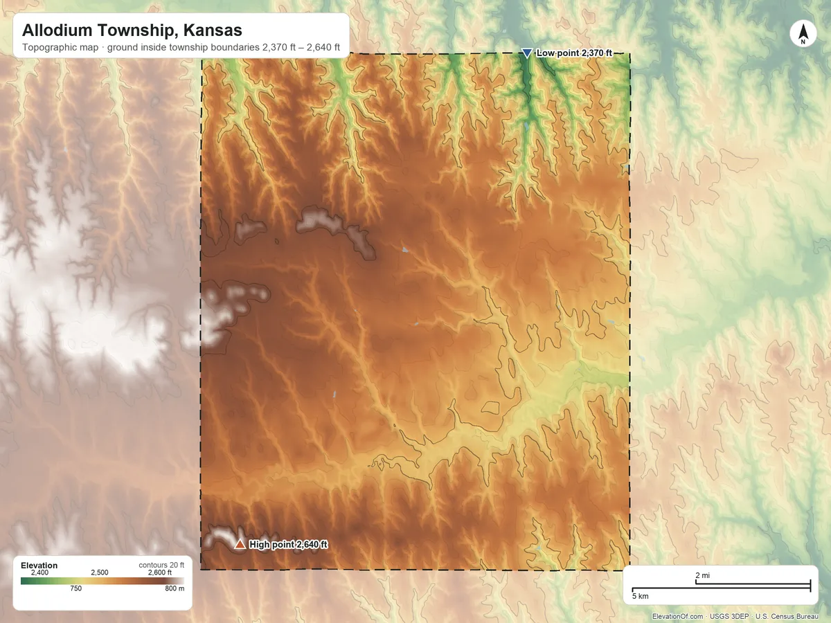 Topographic elevation map of Allodium Township, Kansas, shaded from 2,370 ft on the north side to 2,640 ft on the southwest side
