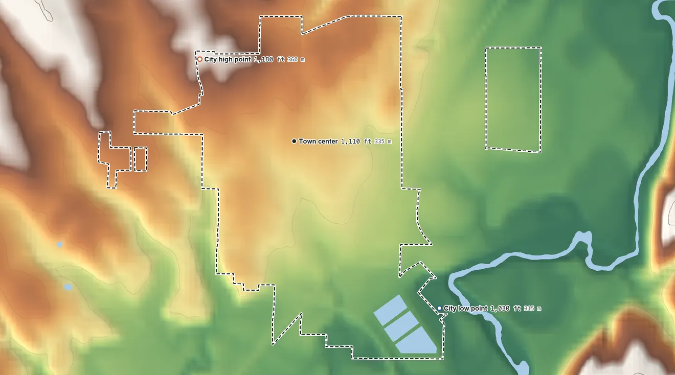 Topographic elevation map of Alma, Kansas, shaded from 1,030 ft on the southeast side to 1,180 ft on the northwest side