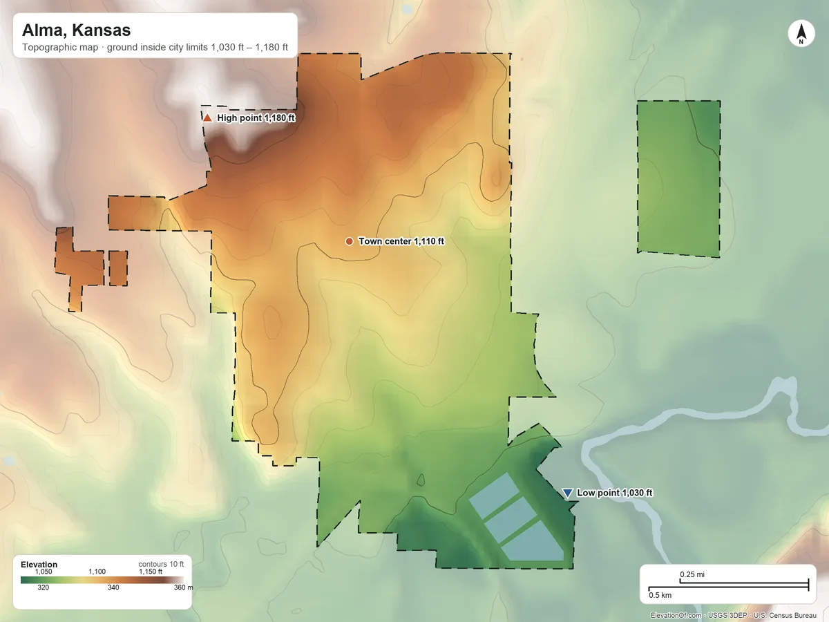 Topographic elevation map of Alma, Kansas, shaded from 1,030 ft on the southeast side to 1,180 ft on the northwest side