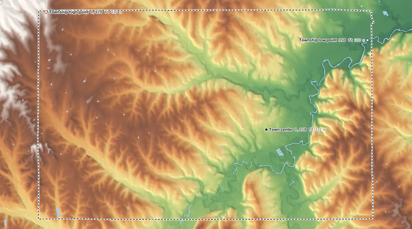 Topographic elevation map of Alma Township, Kansas, shaded from 990 ft on the northeast side to 1,420 ft on the northwest side