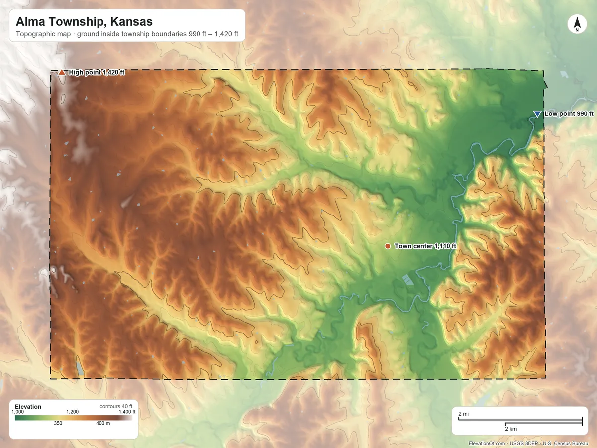 Topographic elevation map of Alma Township, Kansas, shaded from 990 ft on the northeast side to 1,420 ft on the northwest side