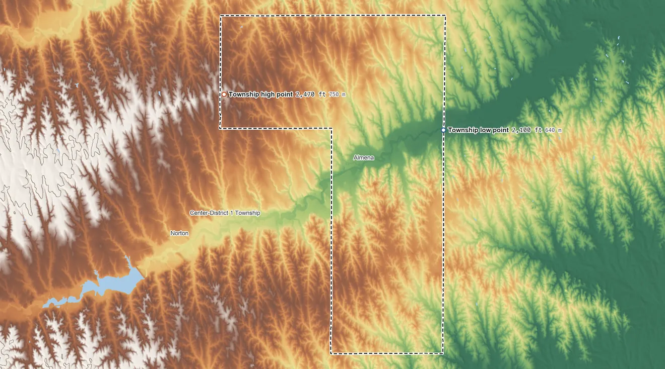 Topographic elevation map of Almena-District 4 Township, Kansas, shaded from 2,100 ft on the east side to 2,470 ft on the northwest side