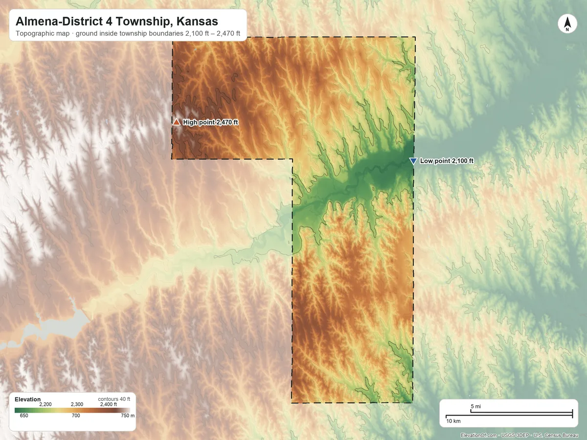 Topographic elevation map of Almena-District 4 Township, Kansas, shaded from 2,100 ft on the east side to 2,470 ft on the northwest side