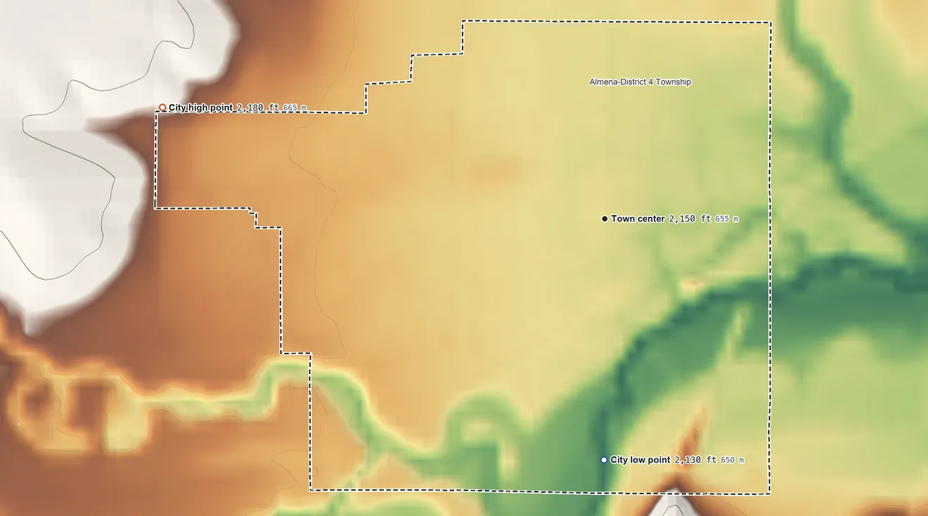 Topographic elevation map of Almena, Kansas, shaded from 2,130 ft on the south side to 2,180 ft on the west side