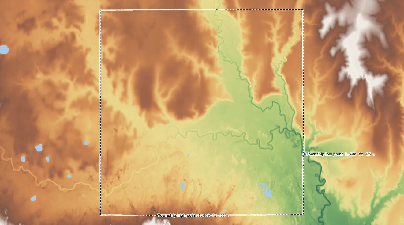 Topographic elevation map of Alta Township, Kansas, shaded from 1,400 ft on the east side to 1,480 ft on the southwest side