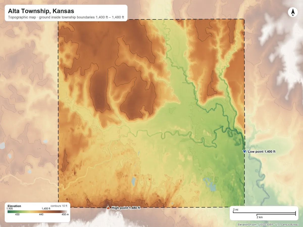 Topographic elevation map of Alta Township, Kansas, shaded from 1,400 ft on the east side to 1,480 ft on the southwest side