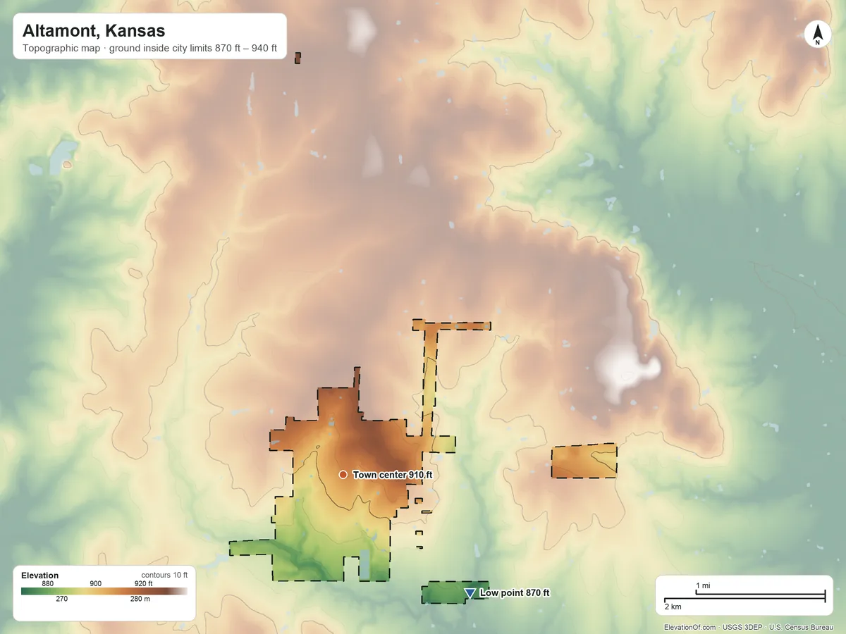 Topographic elevation map of Altamont, Kansas, shaded from 870 ft on the southeast side to 940 ft on the south side