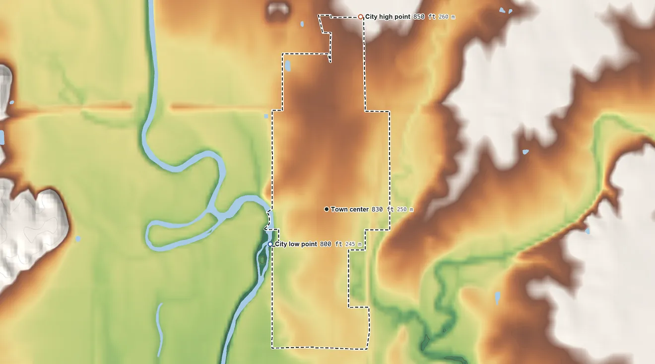 Topographic elevation map of Altoona, Kansas, shaded from 800 ft on the southwest side to 850 ft on the north side
