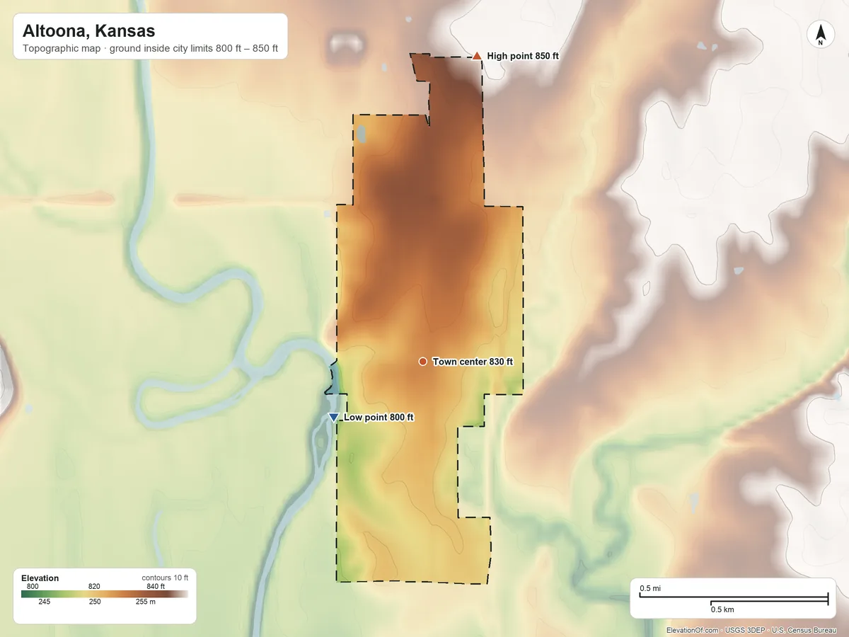Topographic elevation map of Altoona, Kansas, shaded from 800 ft on the southwest side to 850 ft on the north side