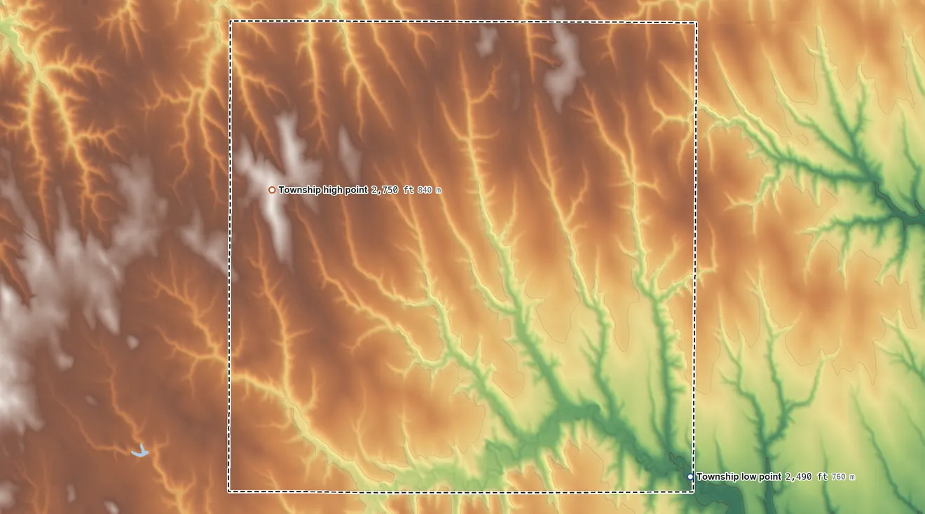 Topographic elevation map of Altory Township, Kansas, shaded from 2,490 ft on the southeast side to 2,750 ft on the northwest side