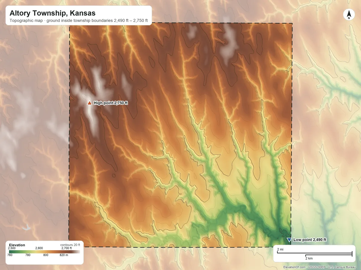 Topographic elevation map of Altory Township, Kansas, shaded from 2,490 ft on the southeast side to 2,750 ft on the northwest side