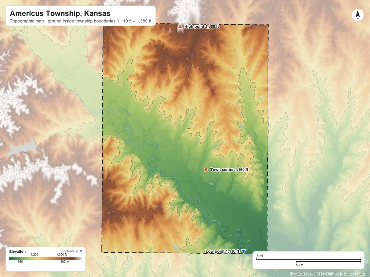Topographic elevation map of Americus Township, Kansas, shaded from 1,110 ft on the southeast side to 1,380 ft on the north side
