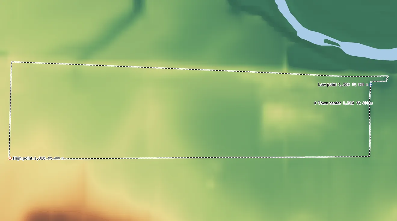 Topographic elevation map of Ames, Kansas, shaded from 1,300 ft on the east side to 1,310 ft on the west side