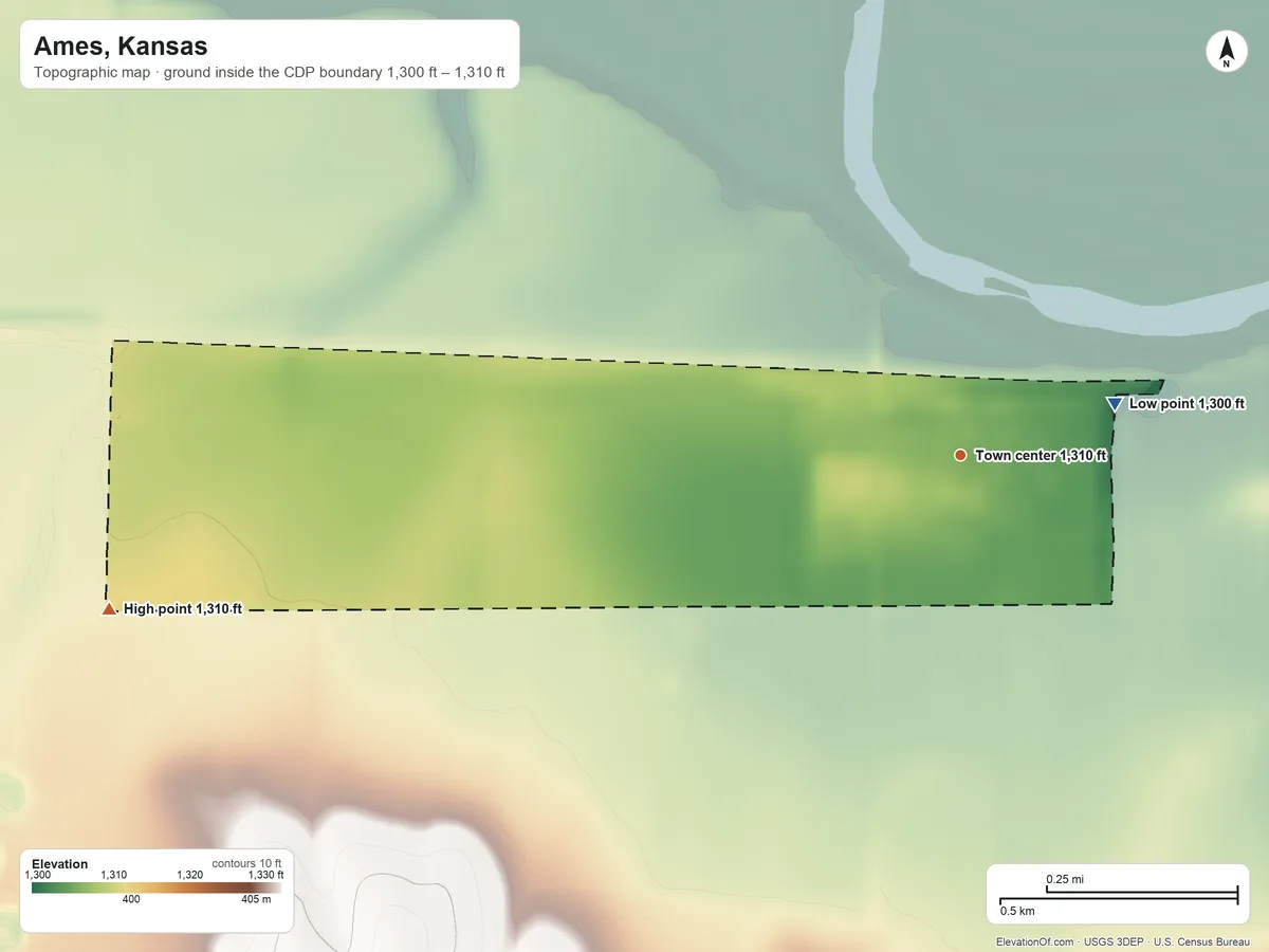 Topographic elevation map of Ames, Kansas, shaded from 1,300 ft on the east side to 1,310 ft on the west side