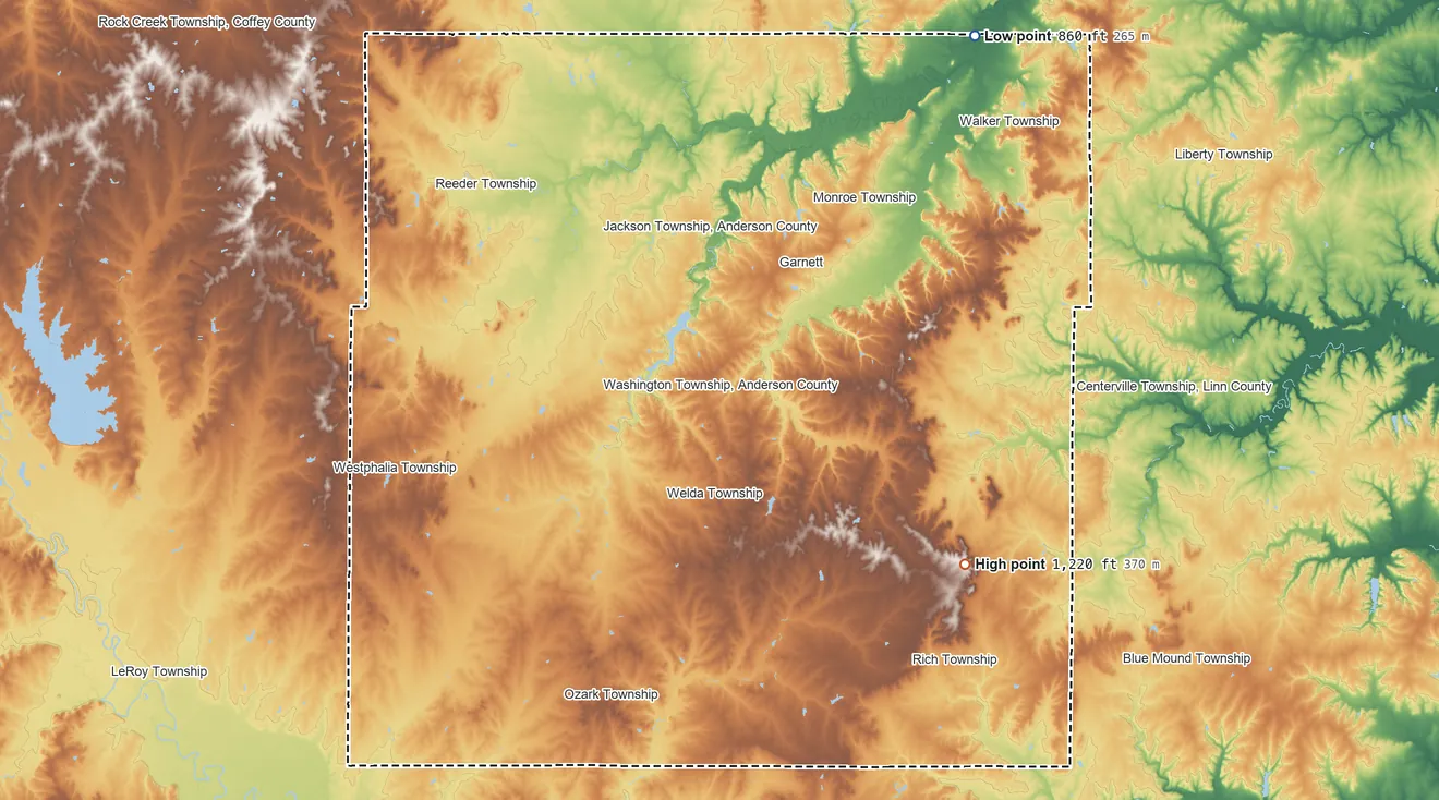 Topographic elevation map of Anderson County, Kansas, shaded from 860 ft on the northeast side to 1,220 ft on the southeast side