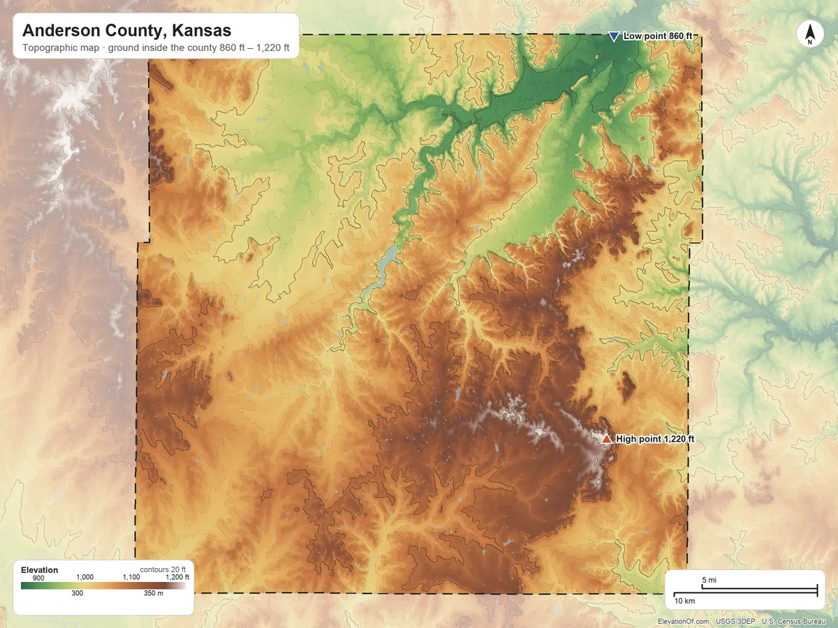 Topographic elevation map of Anderson County, Kansas, shaded from 860 ft on the northeast side to 1,220 ft on the southeast side