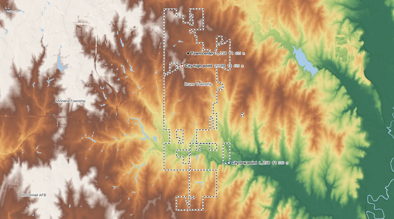 Topographic elevation map of Andover, Kansas, shaded from 1,250 ft on the south side to 1,380 ft near the middle