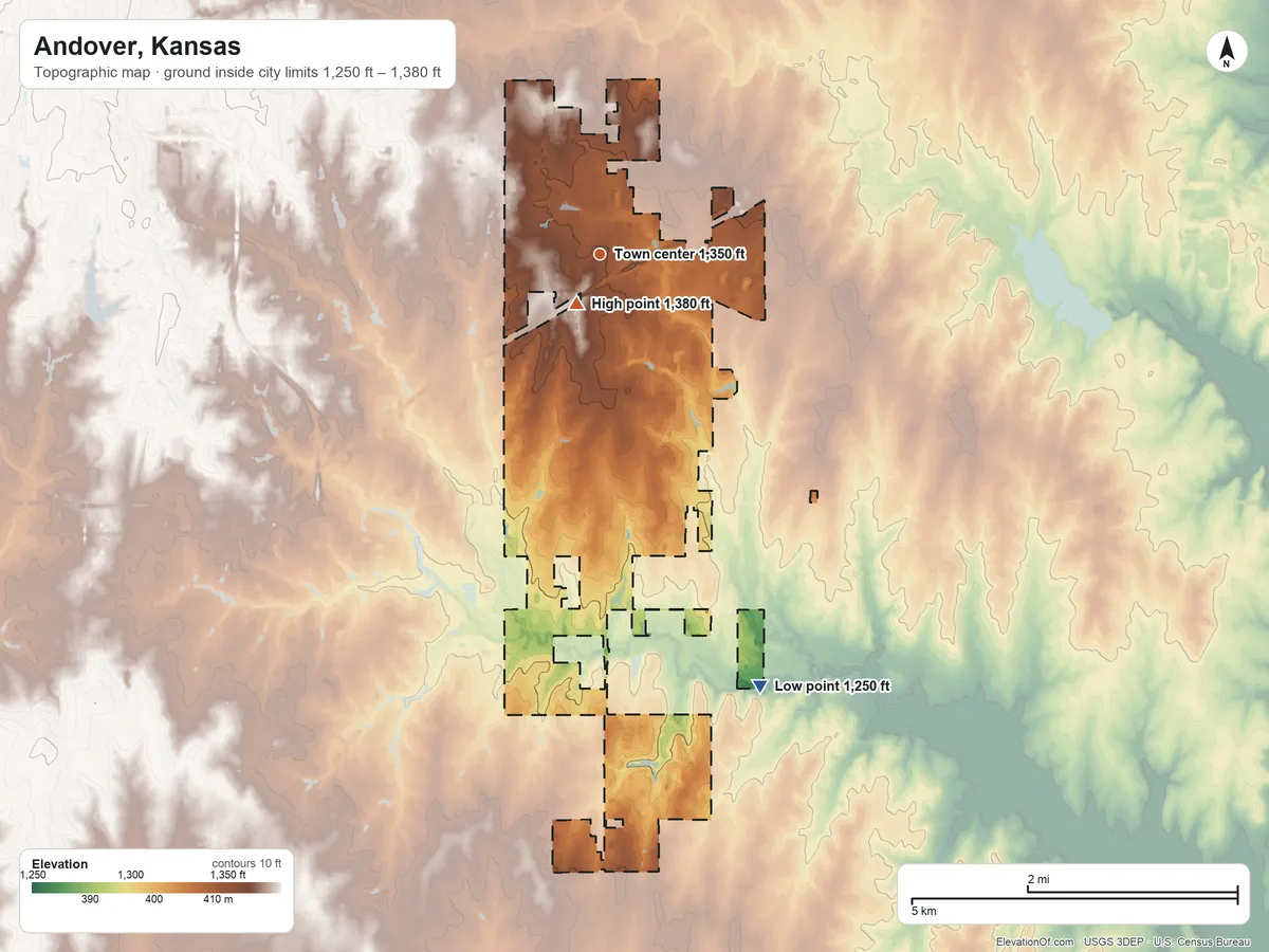 Topographic elevation map of Andover, Kansas, shaded from 1,250 ft on the south side to 1,380 ft near the middle