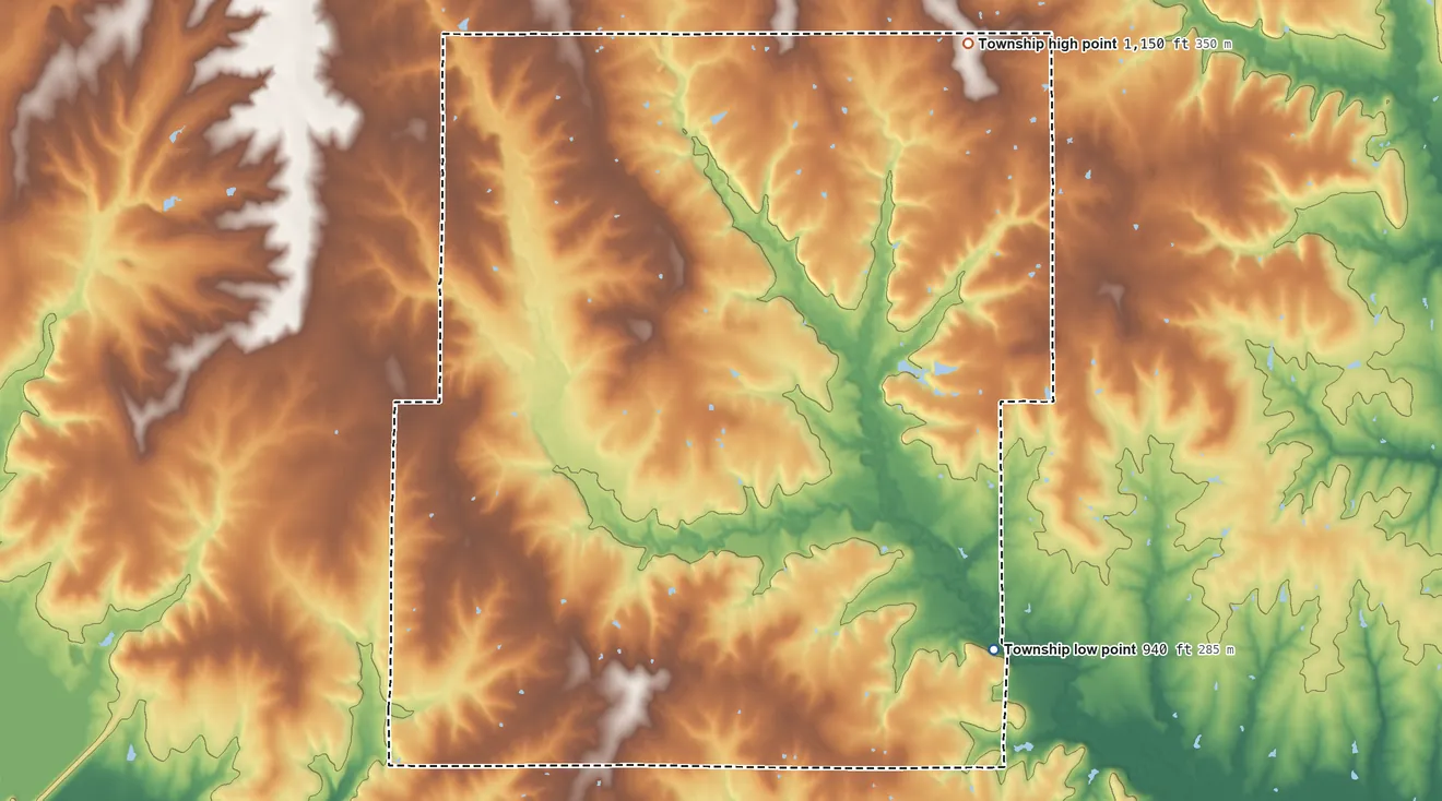 Topographic elevation map of Appanoose Township, Kansas, shaded from 940 ft on the southeast side to 1,150 ft on the northeast side