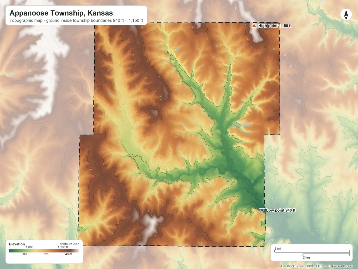 Topographic elevation map of Appanoose Township, Kansas, shaded from 940 ft on the southeast side to 1,150 ft on the northeast side