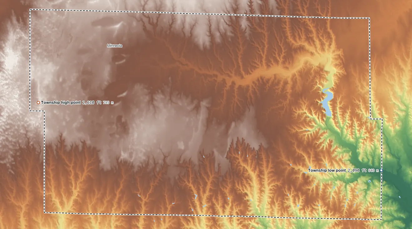 Topographic elevation map of Appleton Township, Kansas, shaded from 2,090 ft on the east side to 2,610 ft on the southwest side