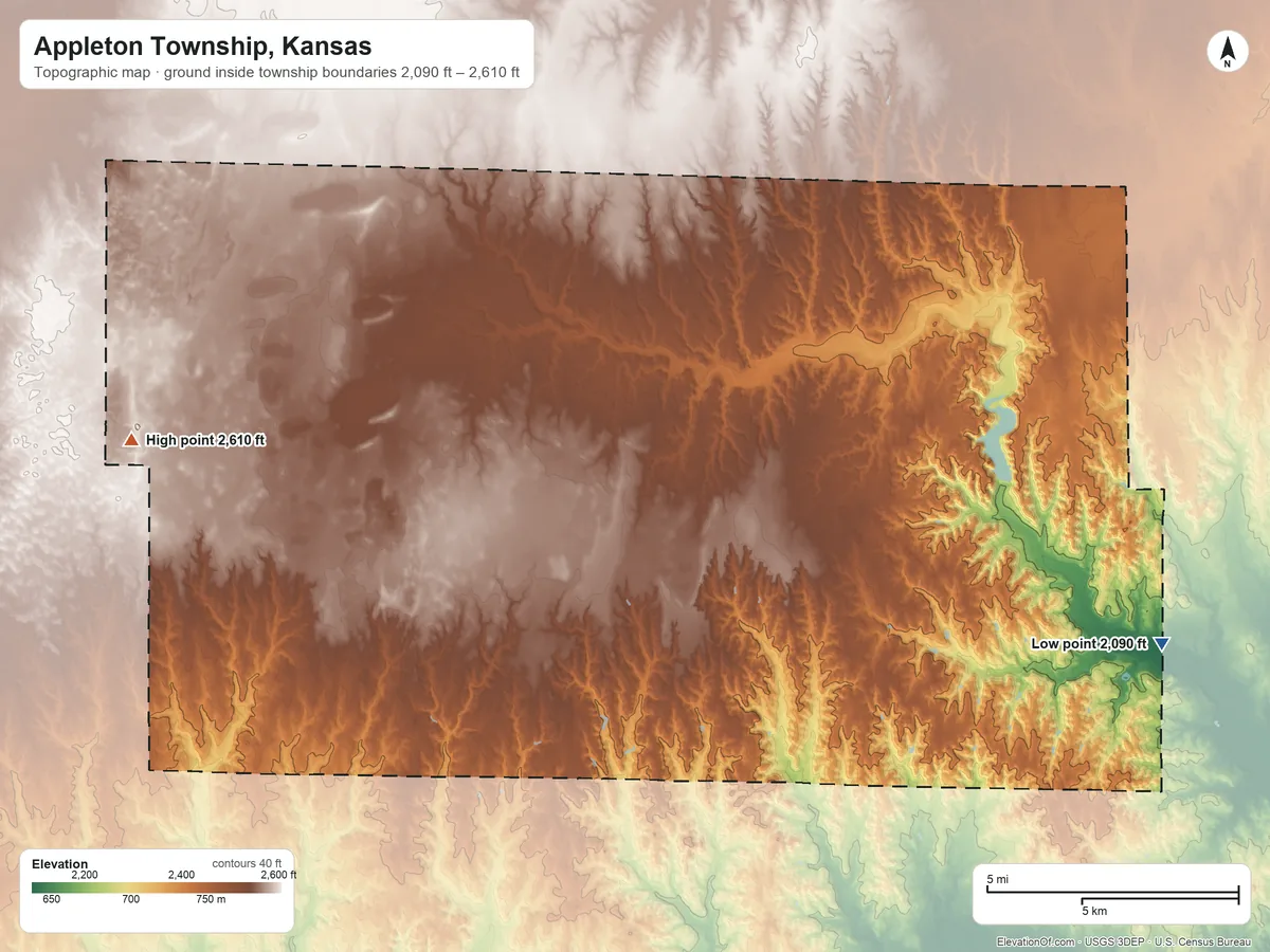 Topographic elevation map of Appleton Township, Kansas, shaded from 2,090 ft on the east side to 2,610 ft on the southwest side