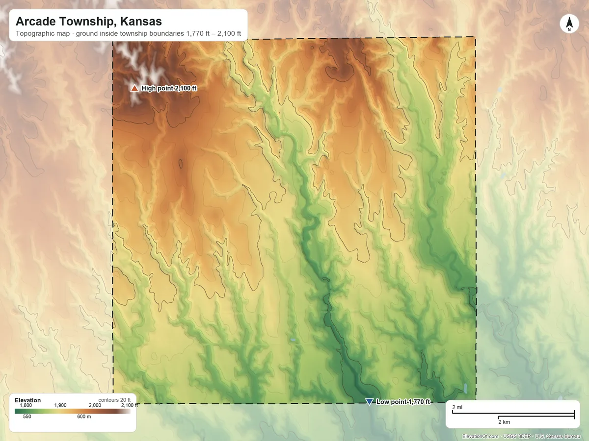 Topographic elevation map of Arcade Township, Kansas, shaded from 1,770 ft on the southeast side to 2,100 ft on the northwest side
