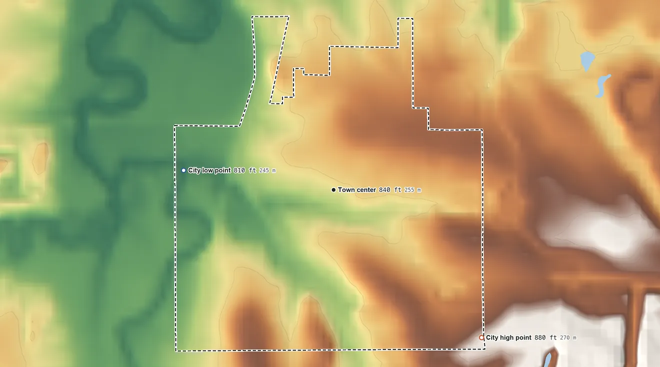 Topographic elevation map of Arcadia, Kansas, shaded from 810 ft on the west side to 880 ft on the southeast side